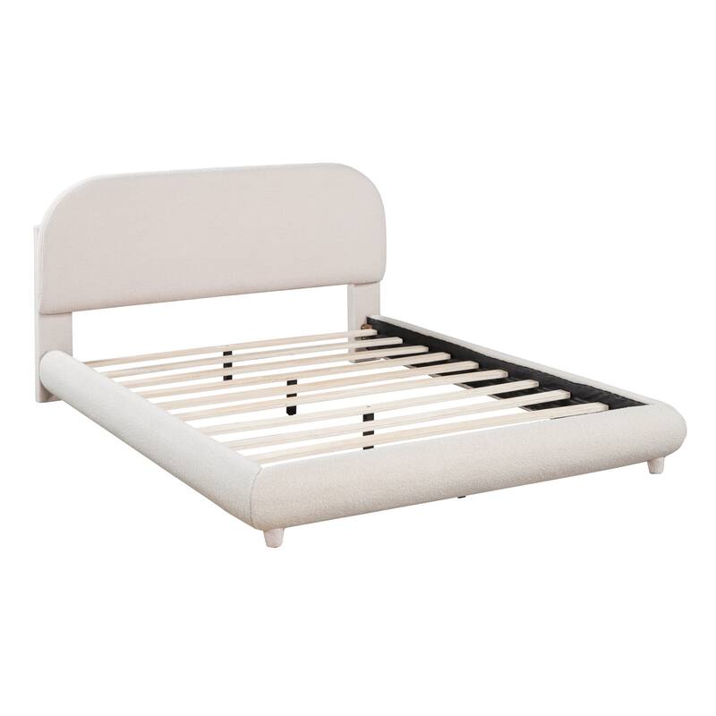 Curve-Shaped Teddy Fleece Upholstered Platform Bed Thick Fabric Low Profile Bed for Bedroom, Solid Wood Frame Slat Support