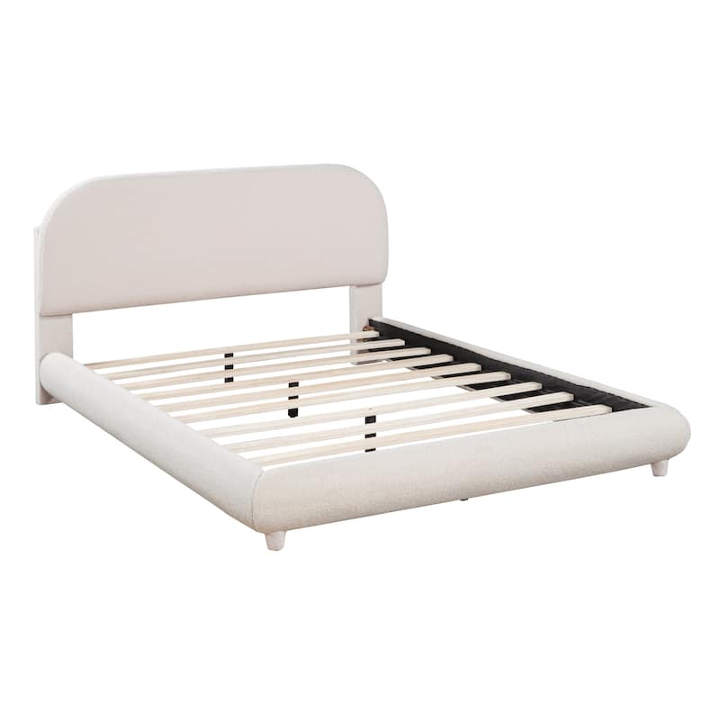 Teddy Fleece Full Size Upholstered Platform Bed with Thick Fabric, Solid Frame and Stylish Curve-shaped Design, Beige