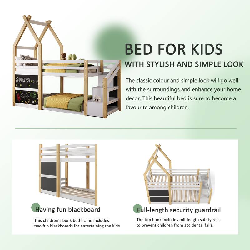 Pinewood House Bed Frame with Roof, Twin Over Twin Size Bunk Kids Beds with Storage Staircase and 2 Blackboards