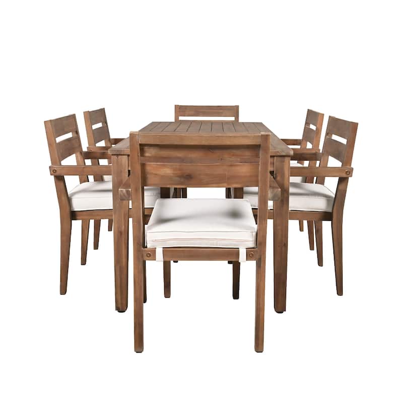 7 Pieces Acacia Wood Outdoor Dining Set with Cushions,Modern 6 Chairs and 1 Large Table, Dining Furniture Set
