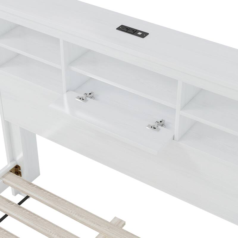 Queen Size MDF Platform Bed with USB Charging Stations And Compartment Headboard
