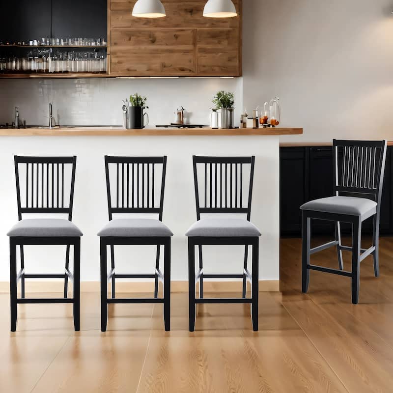 Farmhouse 24.8" Counter Height Chairs Slat Back Padded Wood Bar Stools - 21L×18W×35H - Set of 4 - Black