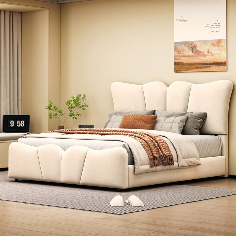 Full Size Upholstered Velvet Platform Bed Frame with Elegant Headboard, Sturdy Wooden Frame and Footboard Design for Bedroom