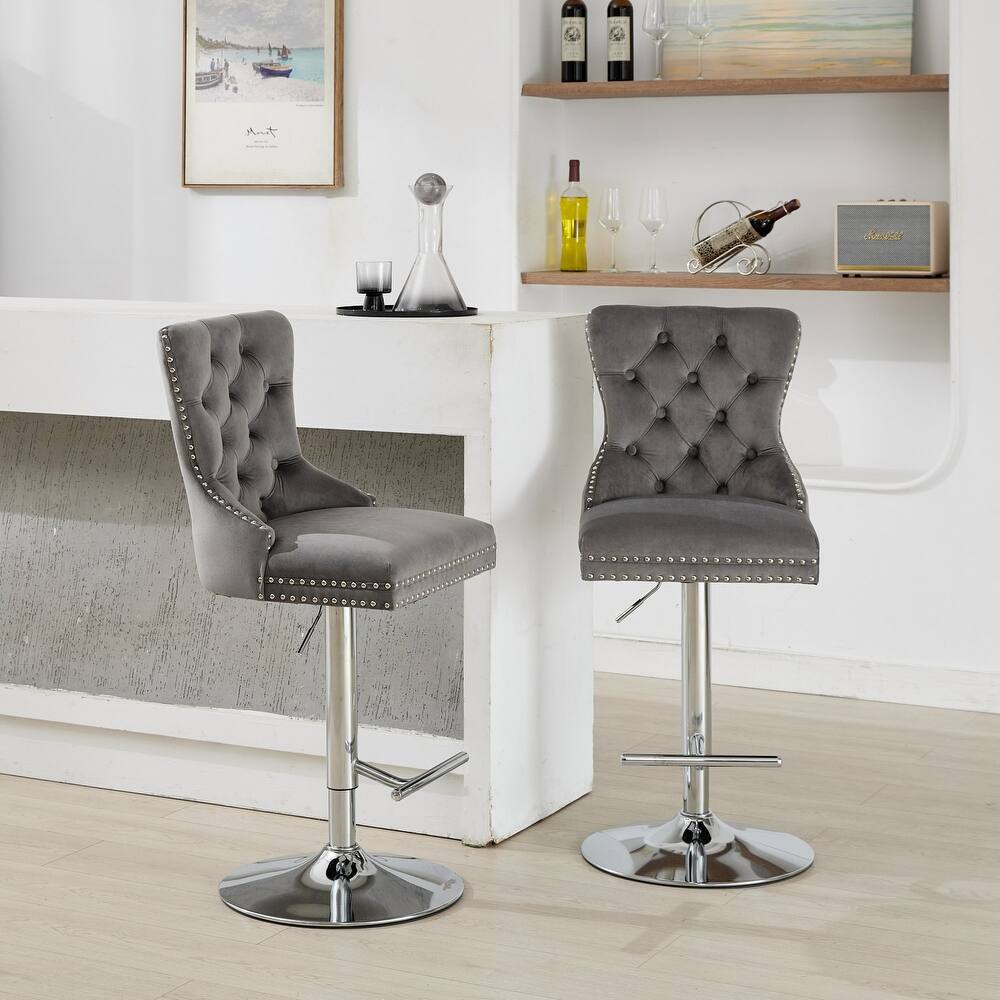 Roomfitters Adjustable Velvet Bar Stools Set of 2, Tufted Swivel Counter Stools with Chrome Base and Diamond Pleating