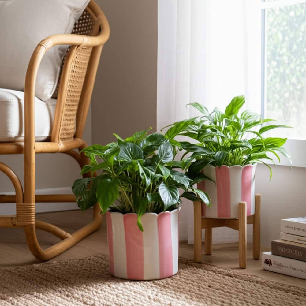 Ceramic Planter Scalloped Edge and Vertical Textured Design (Set of 2) - 8" x 8" x 7"