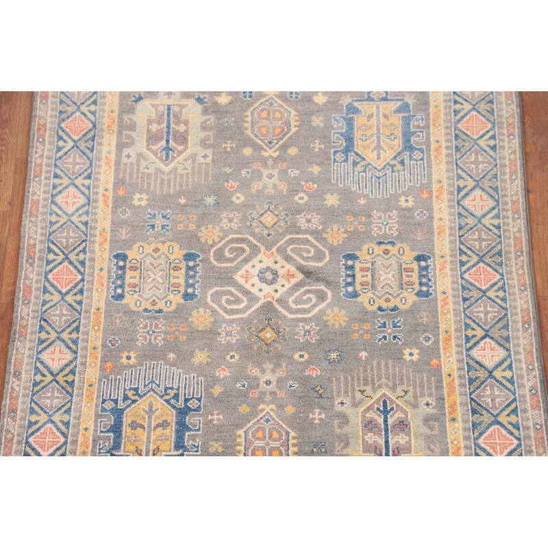 Gray Geometric Kazak Oriental Area Rug Handmade Bedroom Wool Carpet - 4'0"x 5'10"