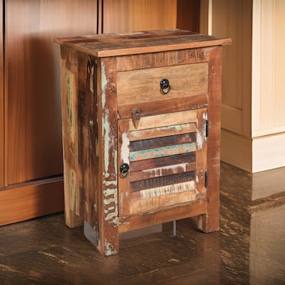 Side End Table, Storage, 25 Inch Black Metal, Natural Distressed Wood
