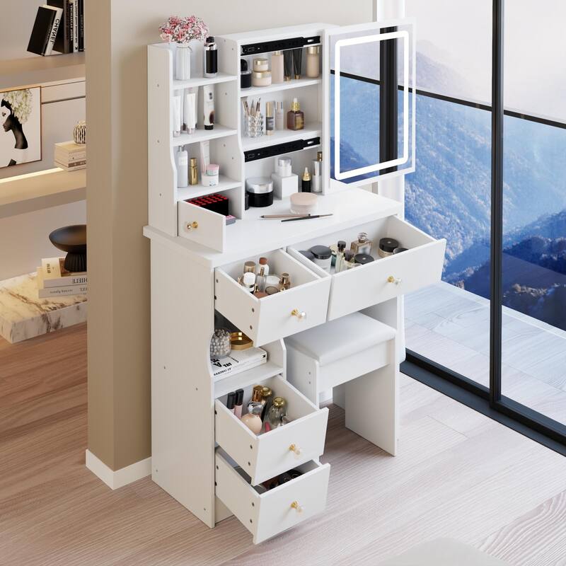 Vanity Desk with Touch Control Sliding LED Mirror, Large Capacity Dressing Table Set, Makeup Table with Cushioned Stool
