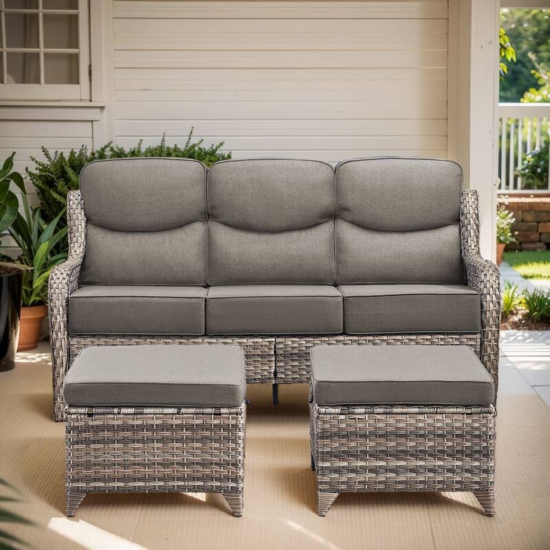 Arcadia 3-Seat Wicker Patio Sofa with 6-Inch Thick Cushions and 2 Ottomans