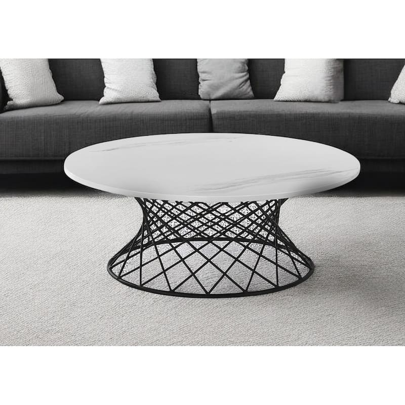 HomeRoots 36" White And Black Genuine Marble And Metal Round Coffee Table - 36' X '14' X '36 - White