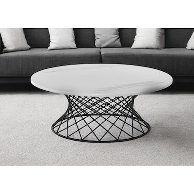 HomeRoots 36" White And Black Genuine Marble And Metal Round Coffee Table - 36' X '14' X '36