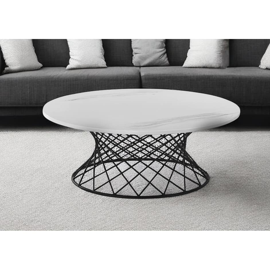 HomeRoots 36" White And Black Genuine Marble And Metal Round Coffee Table - 36' X '14' X '36