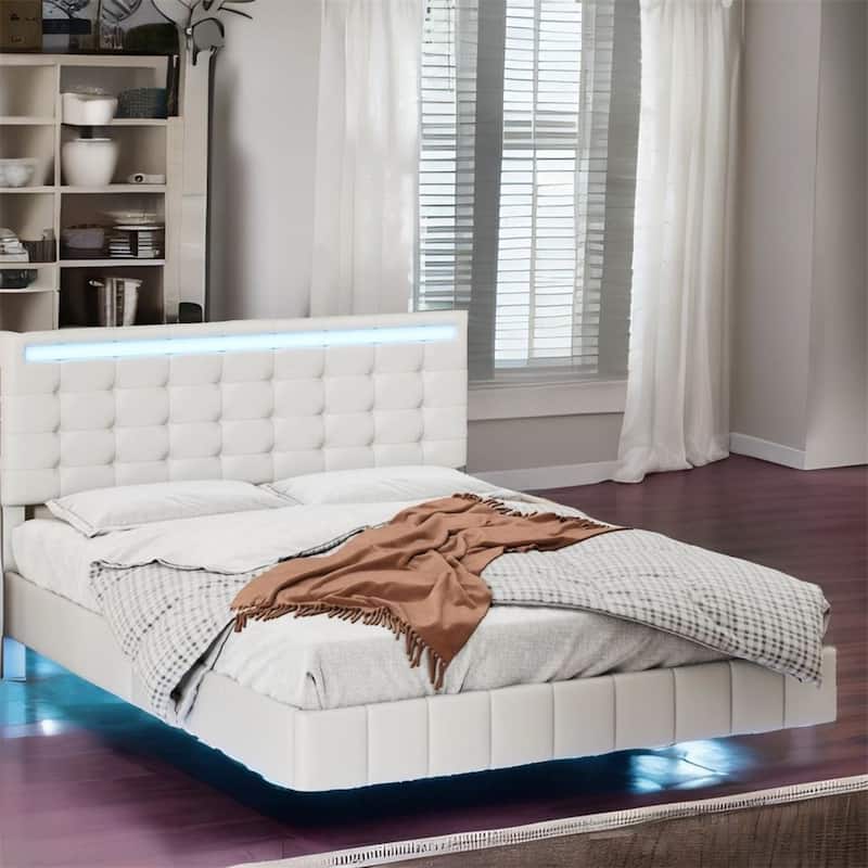 Full Size Floating Bed Frame with LED Lights and USB Charging - White