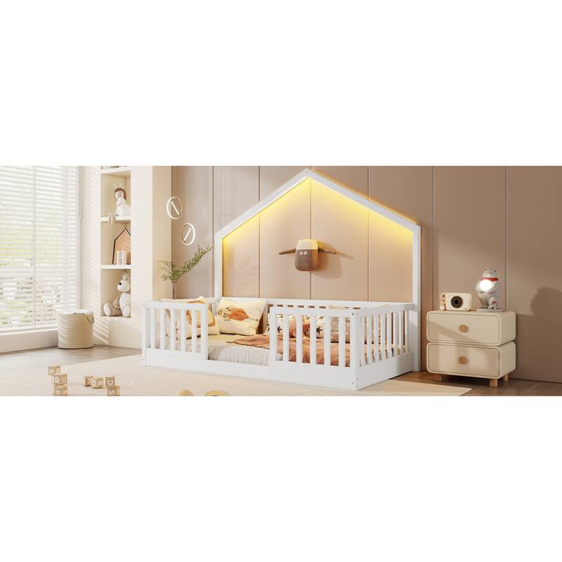 Roomfitters Twin/Full Floor Platform Bed, House Frame and LED Light with Wooden High Rails for Bedrooms or Guest Rooms