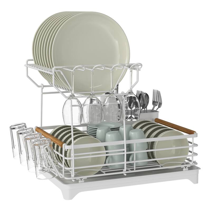 Double-Layer Dish Rack with Bamboo Handle
