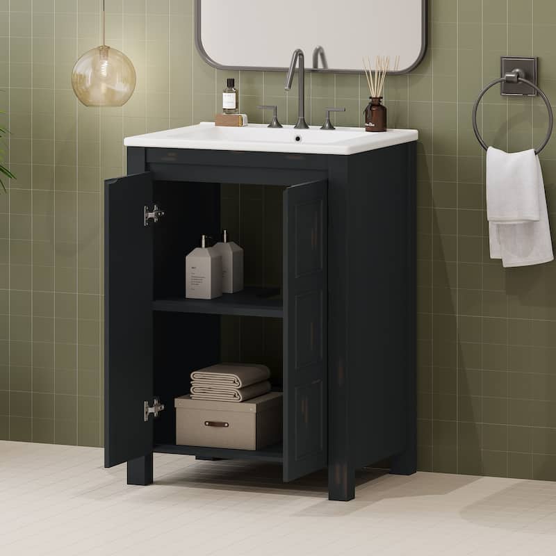 24" Small Bathroom Vanity with Ceramic Sink, Solid Wood Frame Bathroom Storage Cabinet