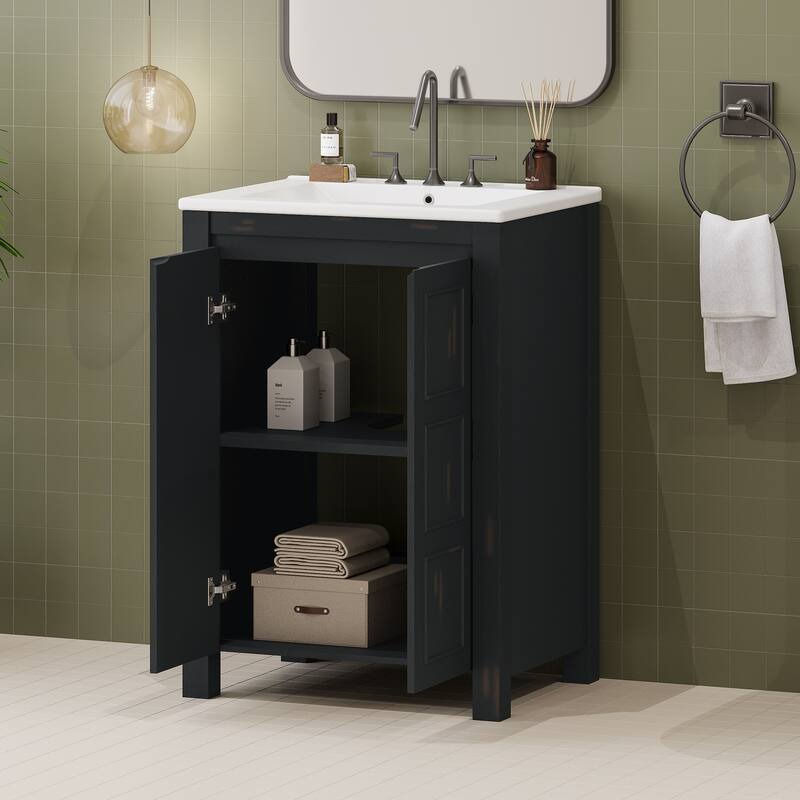 24-Inch Vintage-Inspired Bathroom Vanity with Ceramic Basin, Two Soft-Close Doors, and Adjustable Shelf‌ - 24"