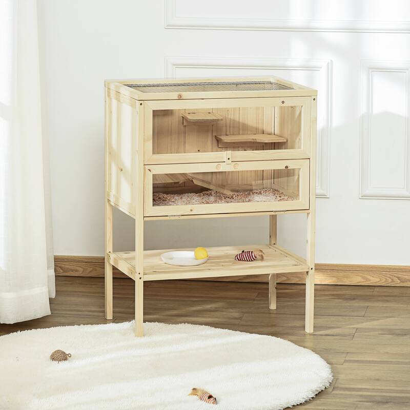 Wooden Hamster Cage with Plexiglass Window, Hinged Doors and Shelf - 23.5"L×15.75"W×31.5"H - Natural