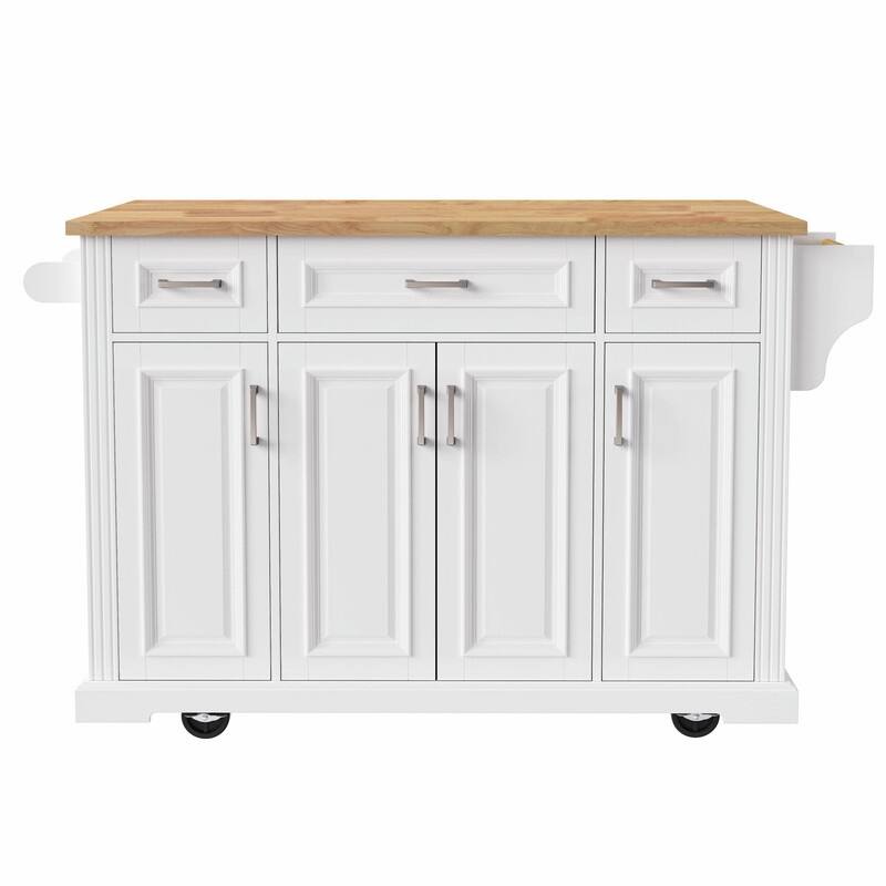 54" Rolling Kitchen Island Cart with Rubberwood Drop Leaf, 4 Doors & 3 Drawers