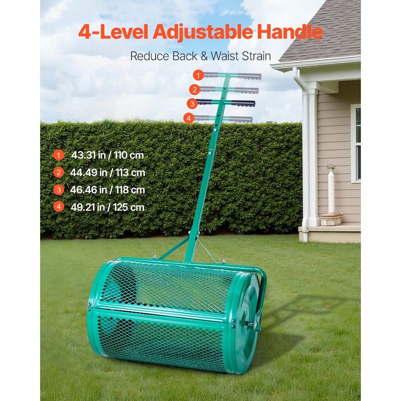 Green Steel Adjustable Lawn Compost Spreader with Push and Tow Handle - 23.6 L x 15.7 W x 43.3-49.2 H in.