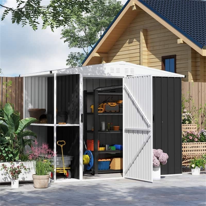 Outdoor Tool Shed 7x4 ft with Two-Tier Storage Rack and Sloped Roof - 96.5" W x 46.1" D x 63.4"/70.9" H