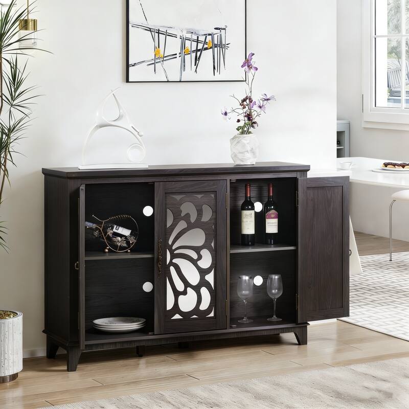 Anmytek 49" Brown Mirrored Door Sideboard Buffet Cabinet with Adjustable Shelves Spacious Storage for Living Room Kitchen