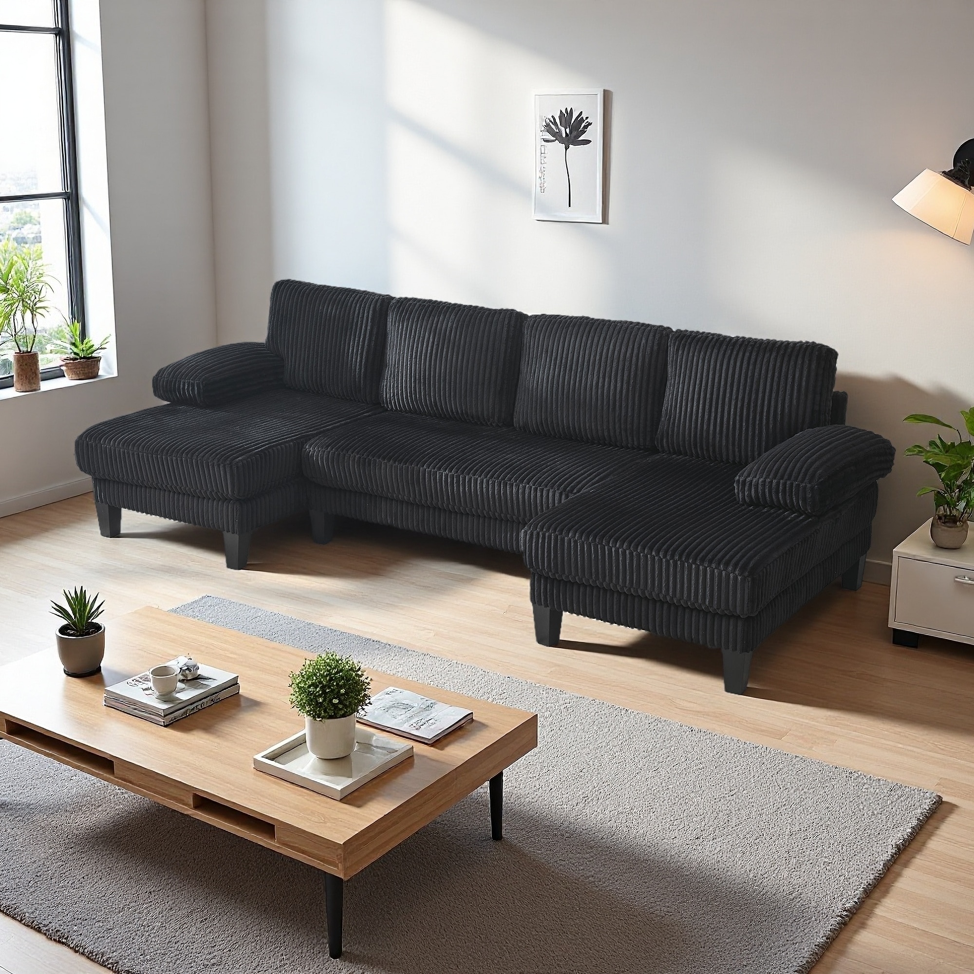 114.2" Velvet U-Shaped 4-Seat Sectional Sofa with Double Chaise & Armrest Pockets