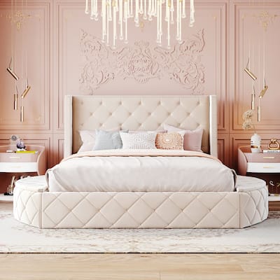 Queen Platform Bed Velvet Upholstered Bed with Wingback Headboard, 2 Side Storage Stool and Large Drawer, Round Low Profile Bed