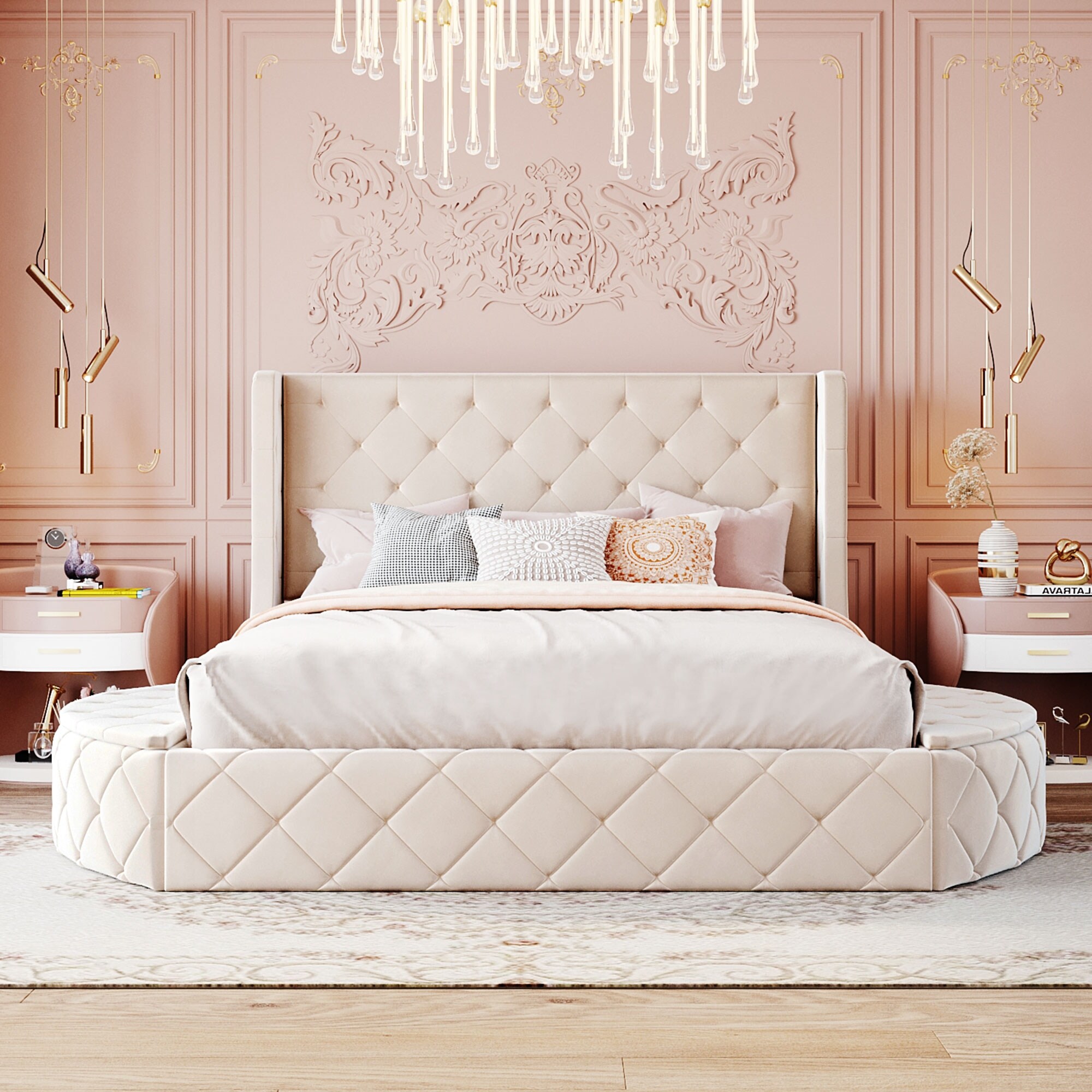 Upholstered Platform Bed Queen Size Storage Velvet Bed with Wingback Headboard and 1 Big Drawer 2 Side Storage Stool Bed Bath Beyond 40661737