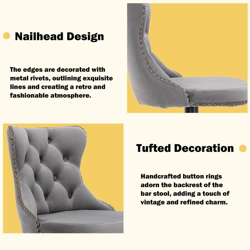 Velvet Upholstered Nailheads Tufted Swivel Bar Stools (Set of 2)