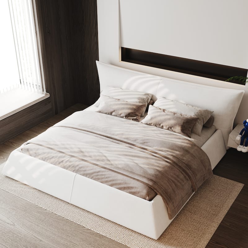 King Size Velvet Upholstered Bed Frame w/ Thick Headboard, Wood Slats Support, Adults Trapezoidal Floor Platform Bed for Bedroom