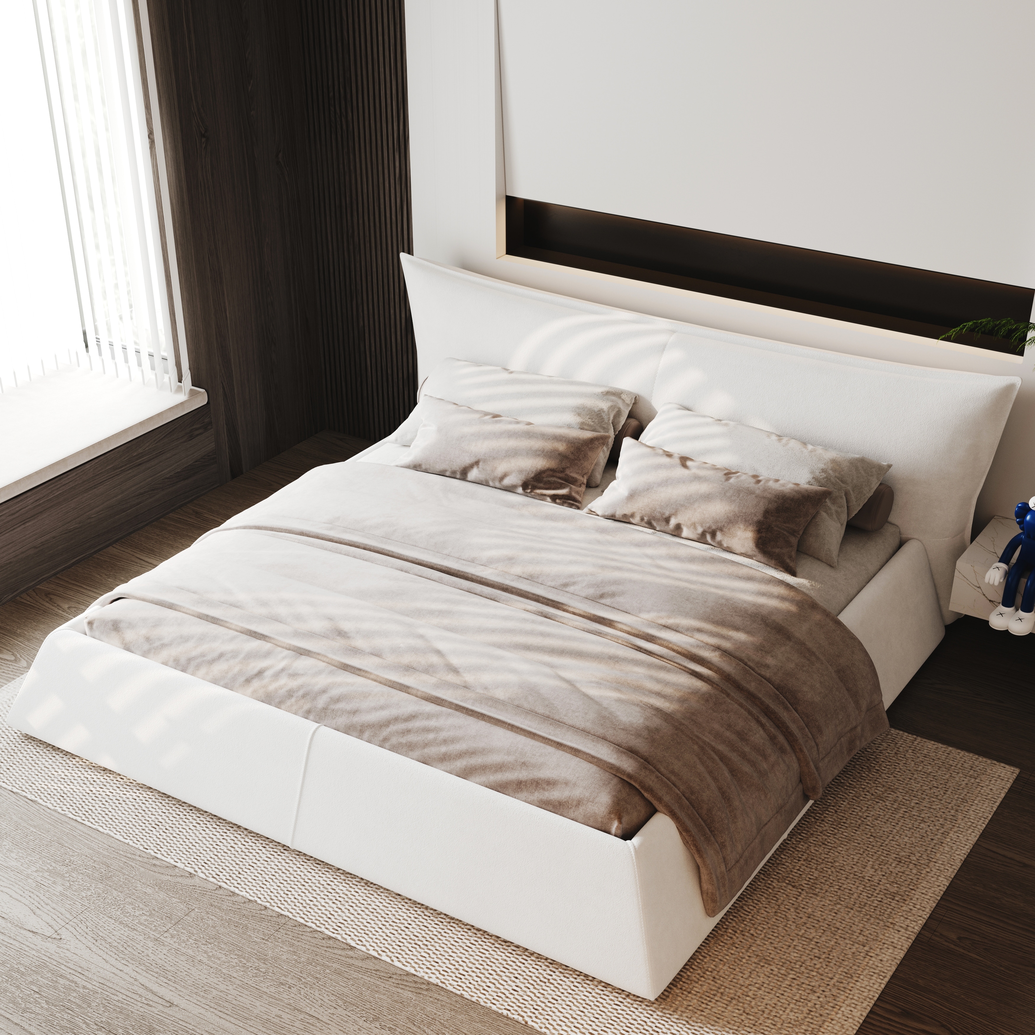 Upholstered Platform Bed with Velvet Headboard, Solid Wood King Frame