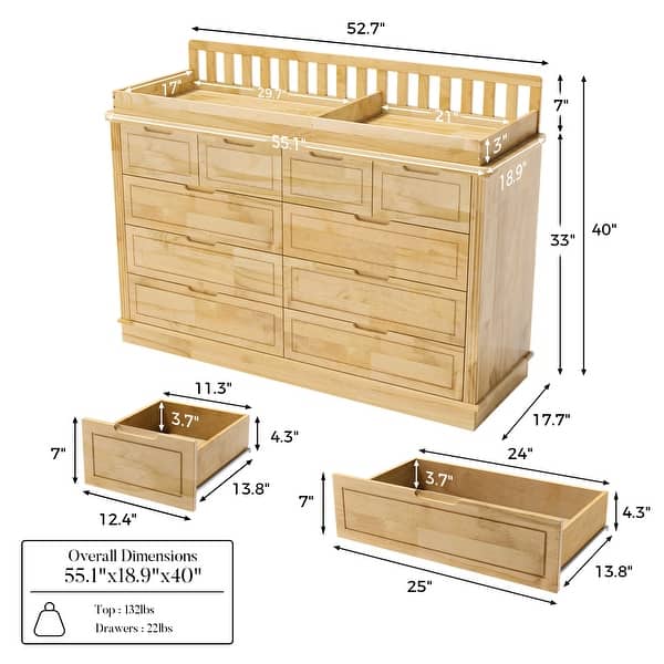 dimension image slide 1 of 2, Solid Pine Wood Dresser with Changing Topper, 10-Drawer Nursery Dresser with Anti-Tipping Device Baby Changing Table