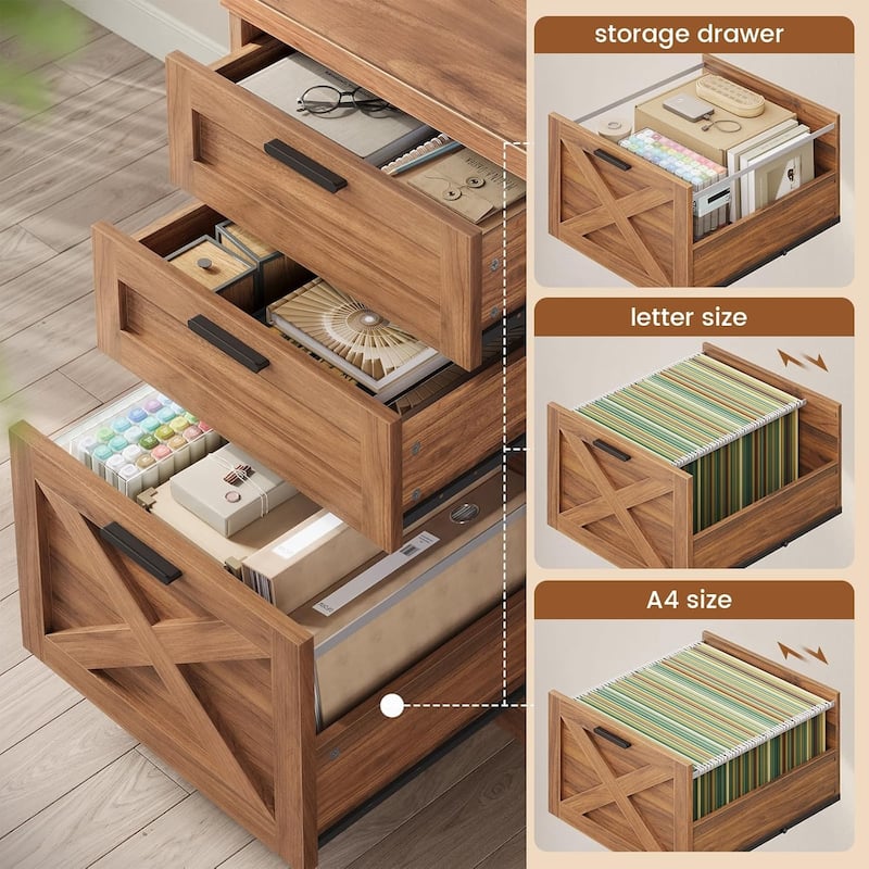 Farmhouse Executive L Shaped Desk Home Office Desk with Drawers and Storage Cabinet & Power Outlet