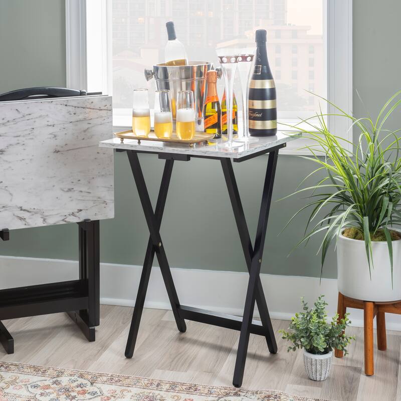 Meisel White Faux Marble Tray Table Set