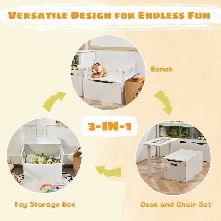 3-in-1 Kids Convertible Storage Bench Wood Activity Table and Chair Set - Chair: 24" x 16.5" x 22.5"