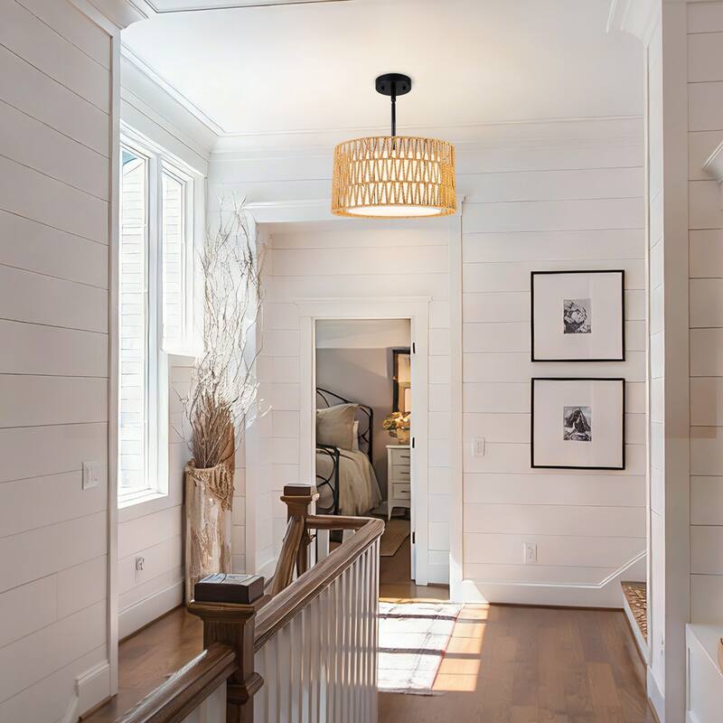 Farmhouse 1-Light Drum Pendant Light with Woven Shades - Black
