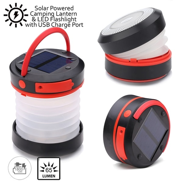Indigi® Mini Pocket Sized Emergency Survival Solar LED Lantern & Flashlight + USB Charging Port - 1800mAh - 65 Lumens - Handle