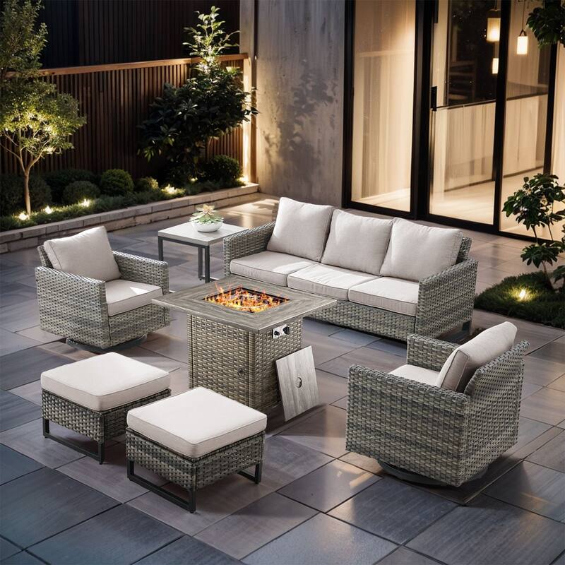 7 Pieces Fire Pit Table with Sofa Swivel Chair Ottoman Set - Gray Wicker - Beige cushion