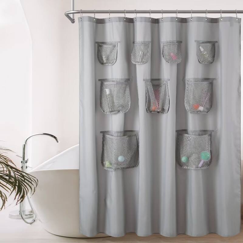 Mesh Pocket Water Repellent Shower Curtain - 72"W x 72"L - Gray