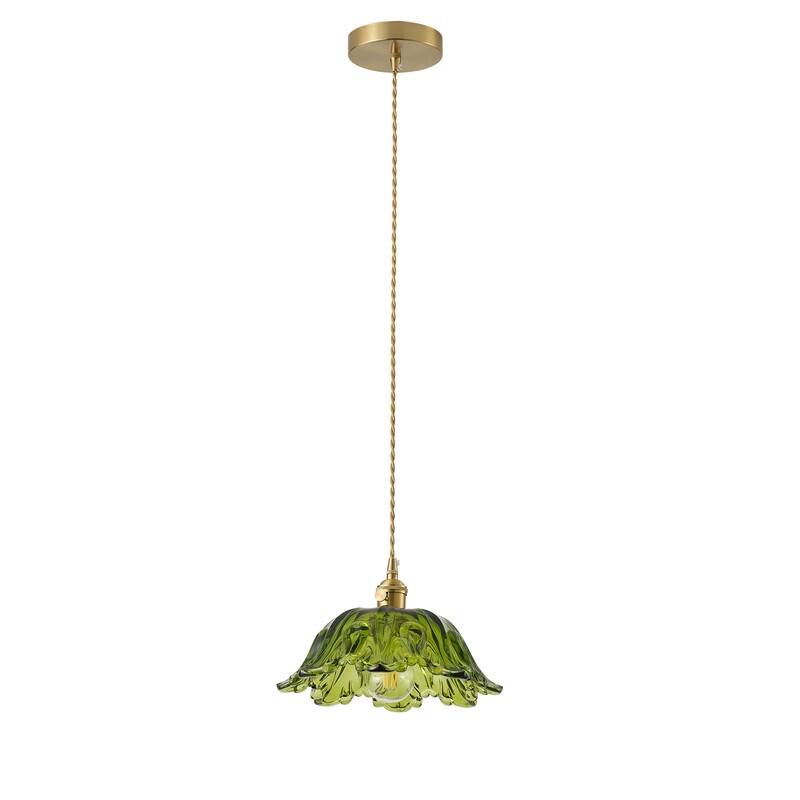 Modern 1- Light Pendant Light Green Tinted Glass Shade with Electroplated Brass Finish