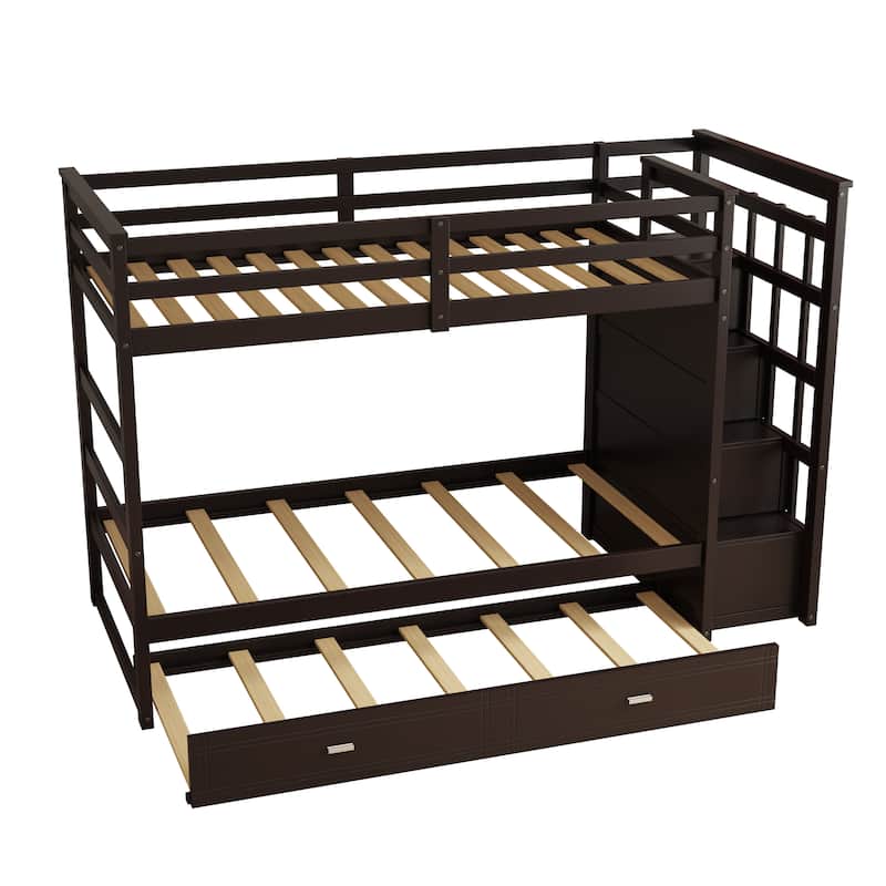 Solid Wood Bunk Bed , Hardwood Twin Over Twin Bunk Bed with Trundle and Staircase