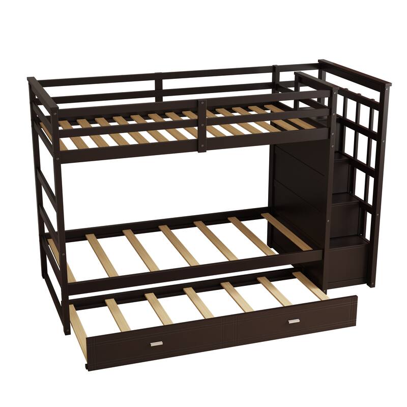 Solid Wood Twin Over Twin Bunk Bed with Trundle and Staircase