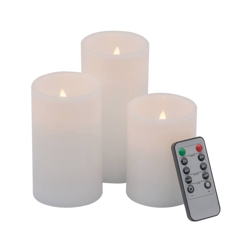 Set of 3 LED Candles with Remote Timer, L:D3X6" M:D3X5" S:D3X4" - White-3