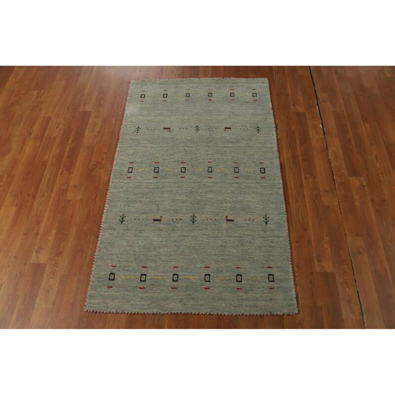 Hand Knotted Oriental 100% Wool Carpet Tribal Animal Pictorial Green Gabbeh Area Rug - 4' 11'' X 3' 0''