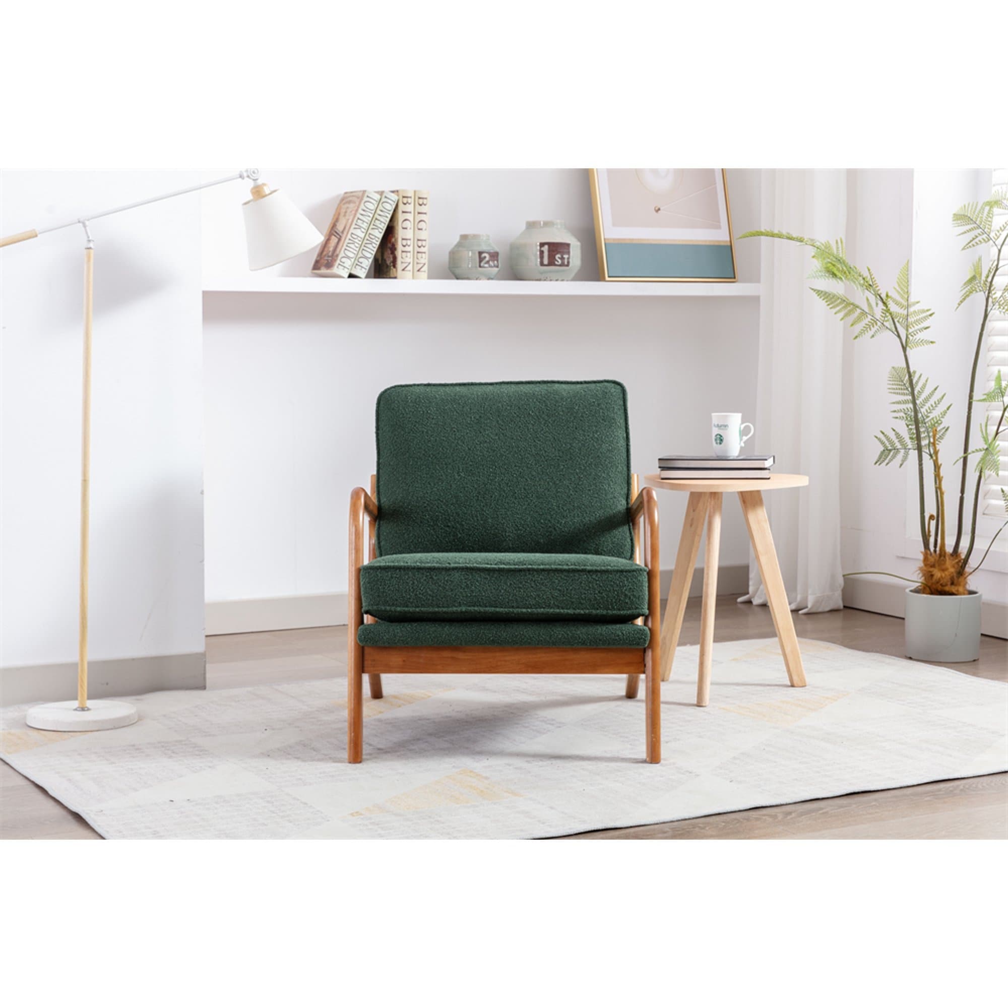 Wood Frame Accent Chair with Vintage Cushions, Emerald Fabric