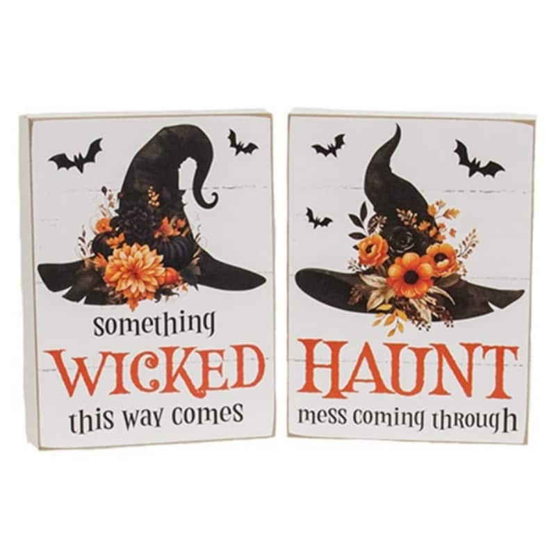 Halloween Witch Hat Floral Wood Box Signs - 2 Asstd. - White-Black-Orange