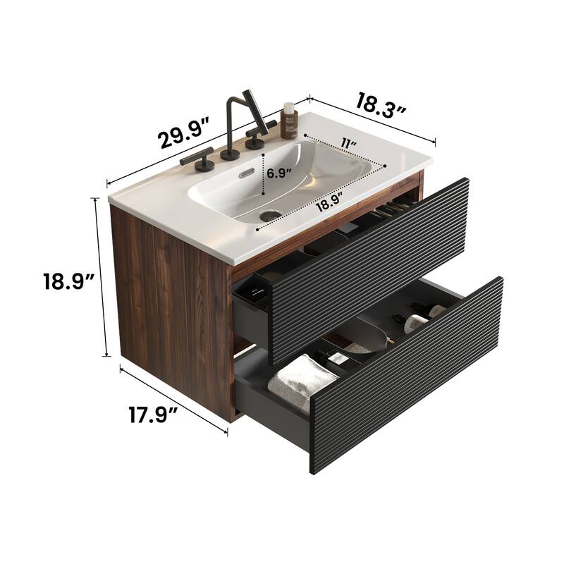 30" Wall Mounted Soft Black & Walnut Bathroom Vanity with Integrated Ceramic Sink with 3 holes