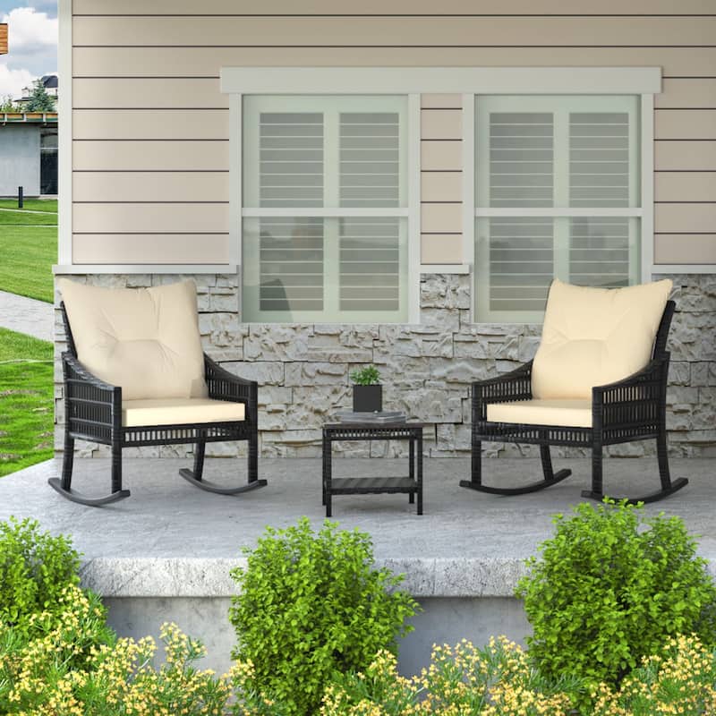 VEIKOUS 3-Piece Outdoor Wicker Patio Porch Rocking Chair and Rattan Coffee Table Set with Cushions and Pillows - cream white