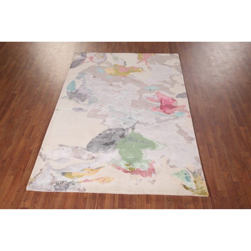 Handmade Beige Abstract Indian Area Rug Oriental Wool & Silk Carpet - 5'5"x 7'6"